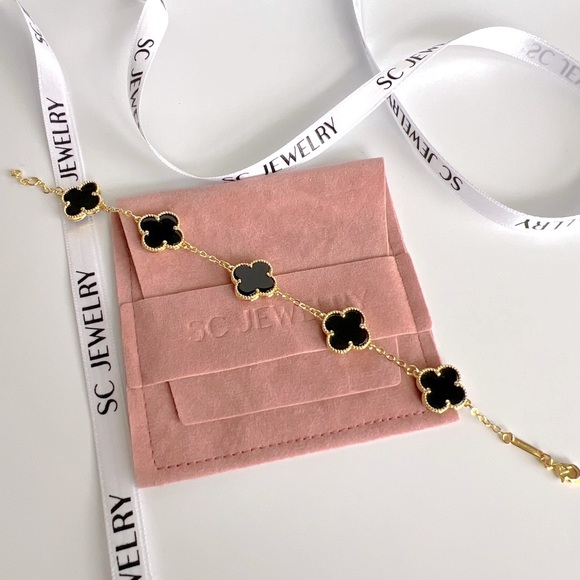 Clover Bracelet Double Sided Black Onyx Stone Luxury Jewelry - Picture 5 of 15